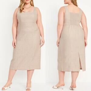 NWT Old Navy Dress Linen Blend Sleeveless Square Neck Midi Khaki Tan Size 3X